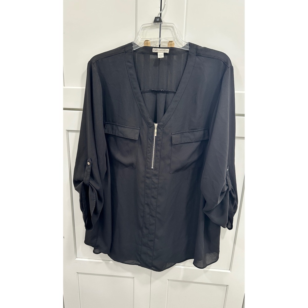 Cato Womens Black Zip Front Roll Tab Sleeve Blouse Plus Size 18/20W Pocket Top